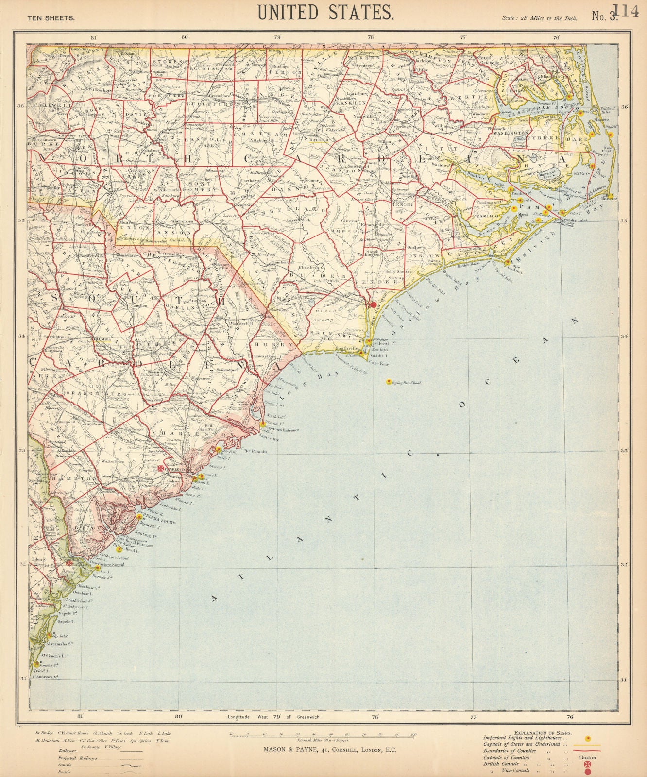 North & South Carolina coast. Lighthouses railroads Cape Hatteras LETTS 1892 map